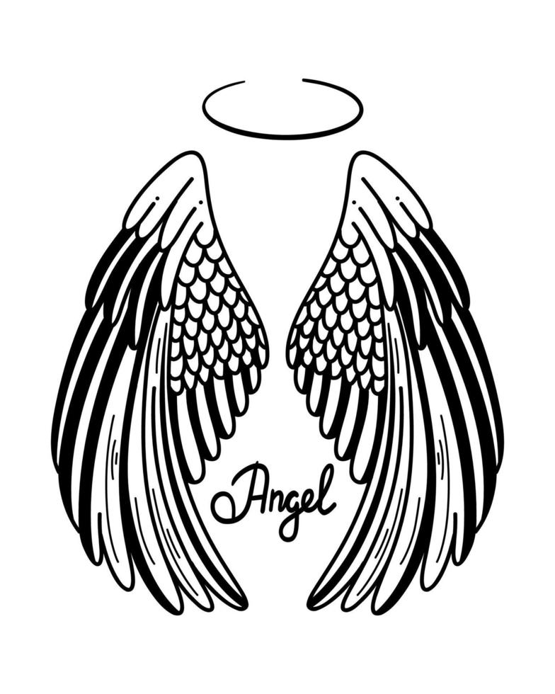 illustration vectorielle d'ailes d'anges. ange avec aile et halo dans le style doodle. illustration de croquis de ligne dessinée à la main avec lettrage vecteur