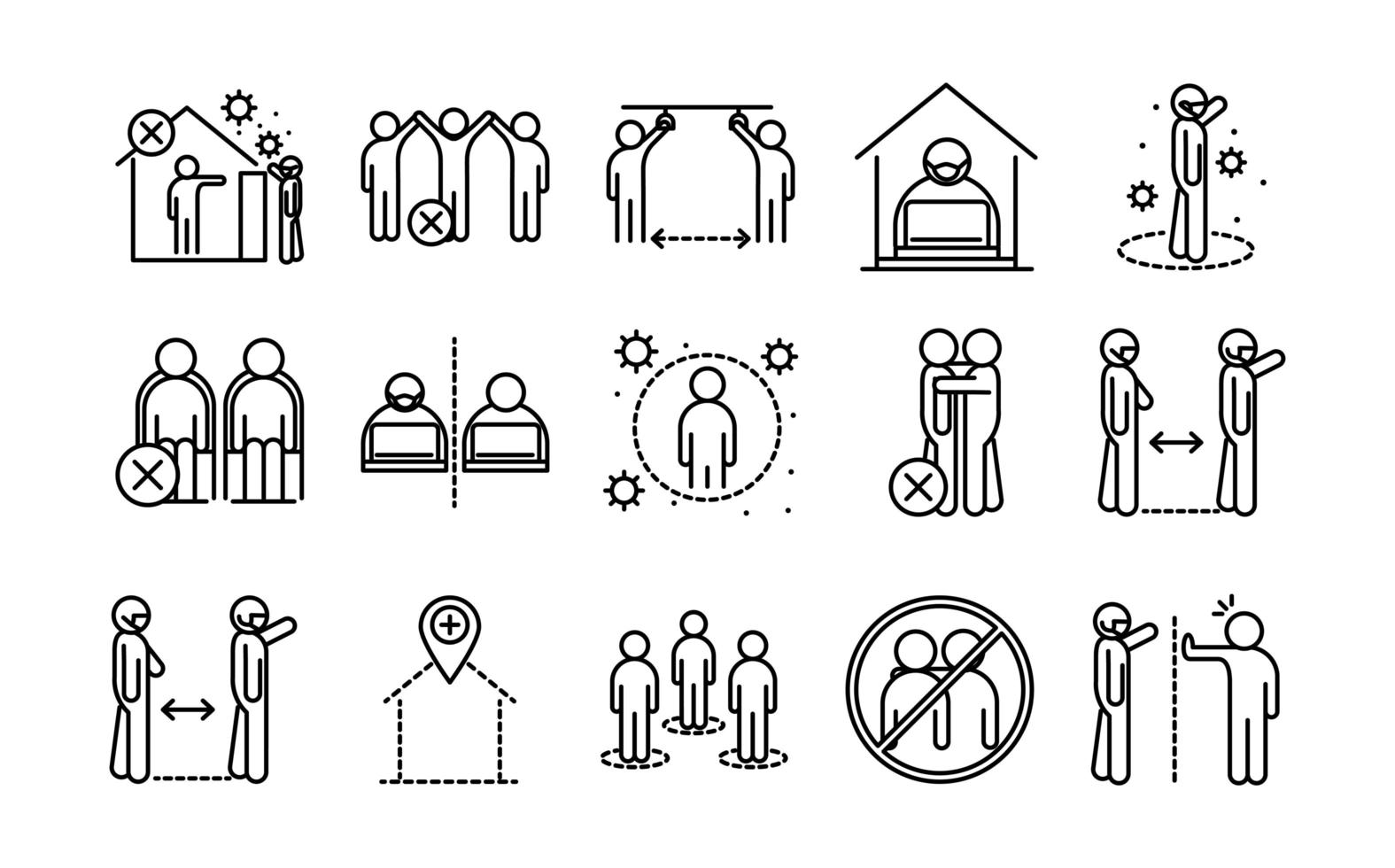 collection d'icônes de pictogramme de contour de coronavirus et de distance sociale vecteur