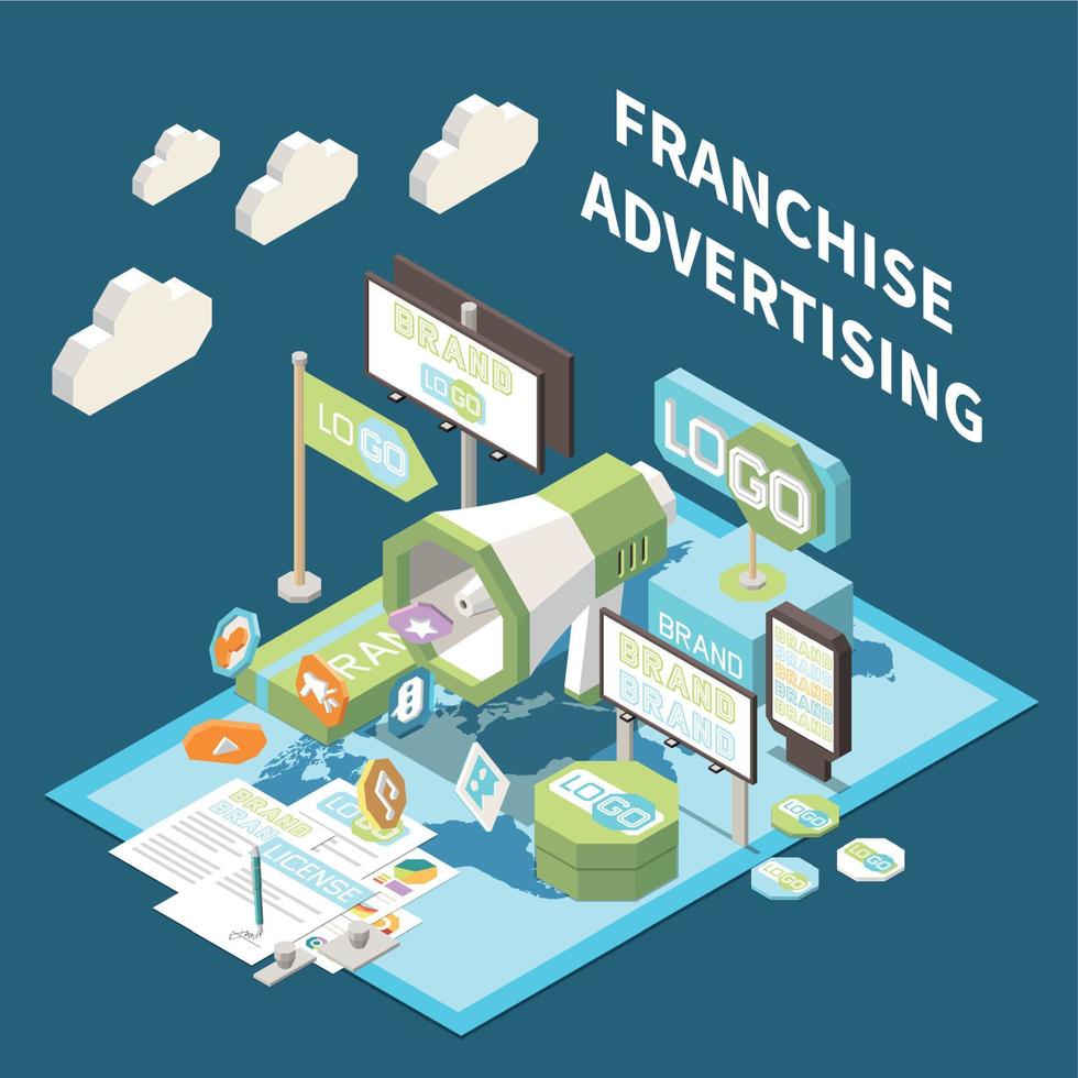 composition isométrique de la publicité de franchise vecteur