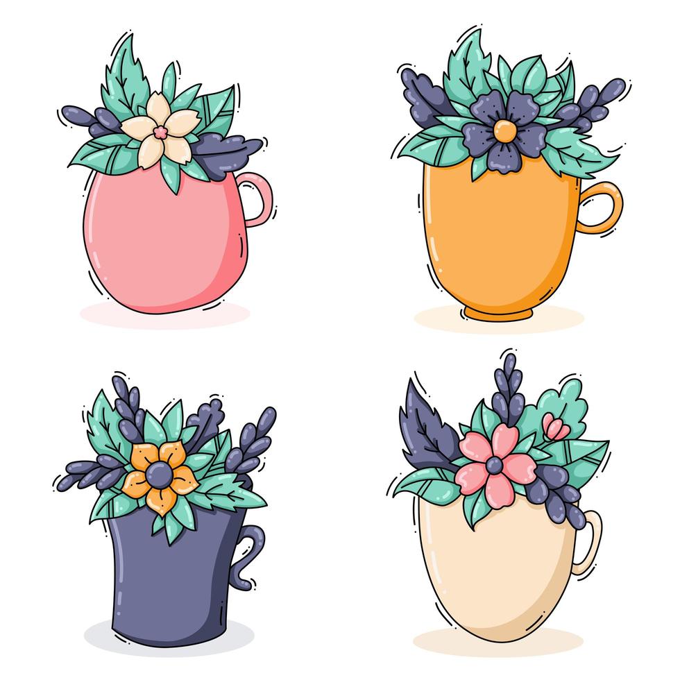 collection de tasses avec des fleurs vecteur