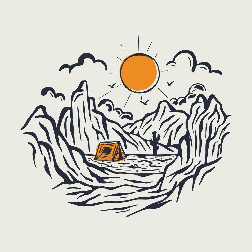 camping entre les falaises dans la bonne nature nature graphique illustration vecteur art t-shirt design