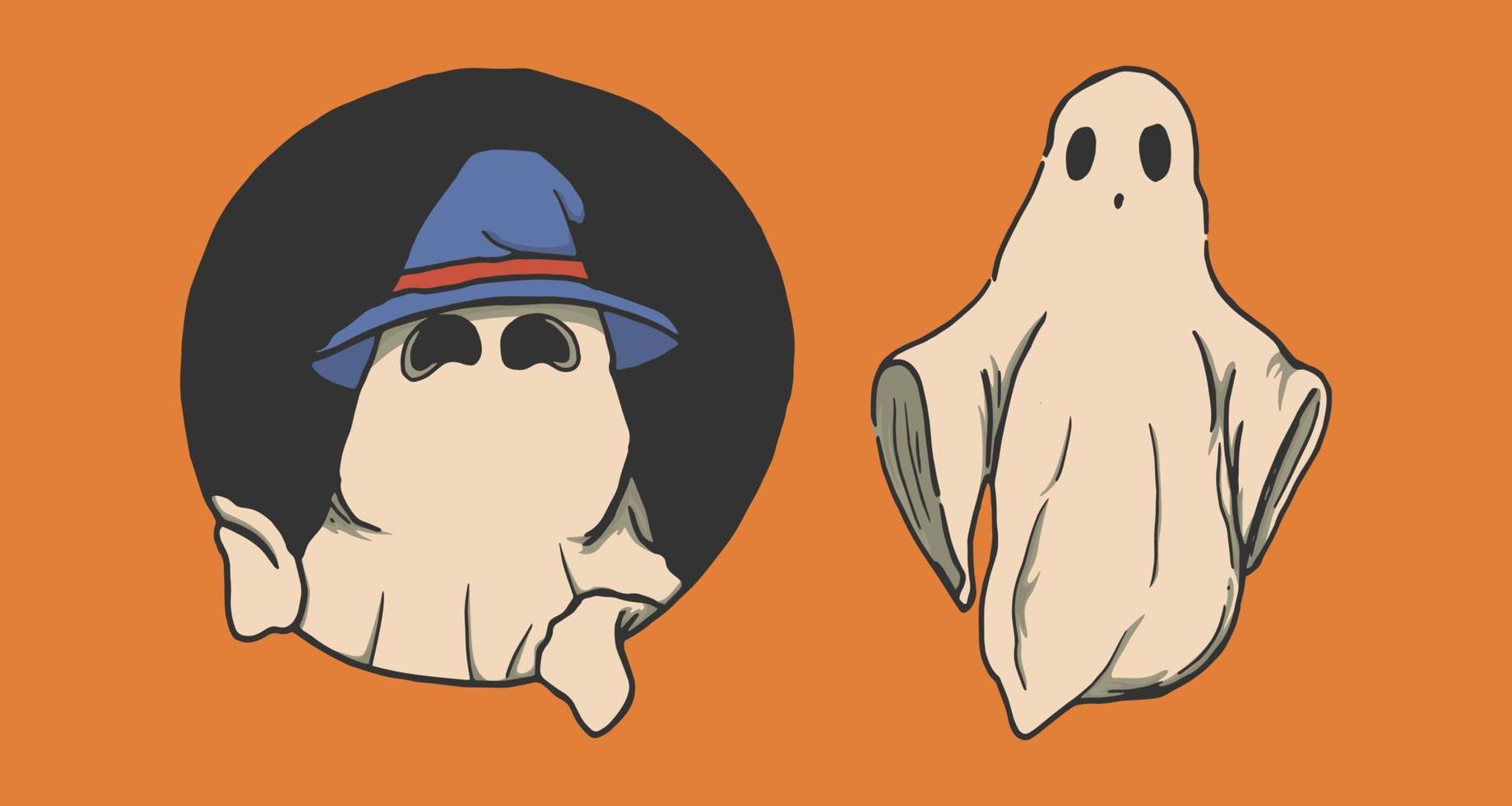 illustration de deux fantômes mignons sur halloween sur fond orange vecteur