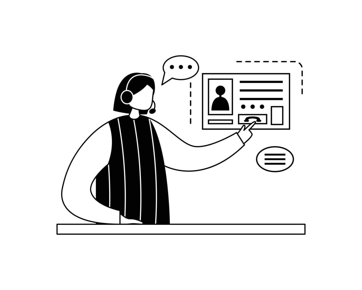 illustration vectorielle d'une fille travaillant dans un centre d'appels portant des écouteurs avec un microphone. présenter vecteur