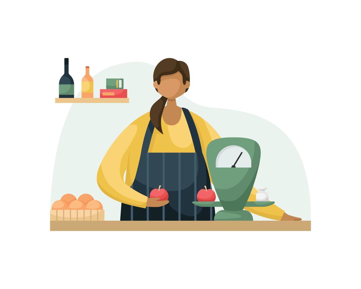 illustration vectorielle d'une vendeuse derrière un comptoir avec des produits et des balances. style plat vecteur