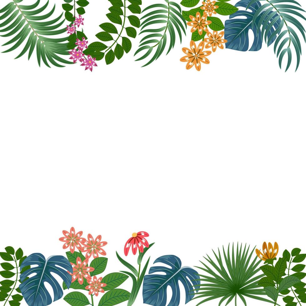 cadre avec des feuilles tropicales de palmier et de fleurs jaunes. fond de vecteur de botanique, fond d'écran de la jungle.