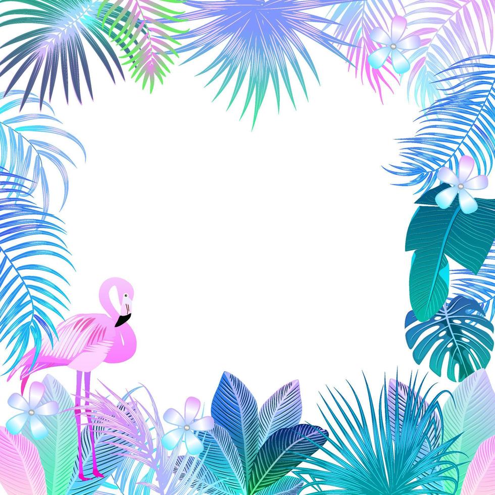 cadre de feuilles de palmier au néon de la jungle tropicale avec flamant rose, fond vectoriel
