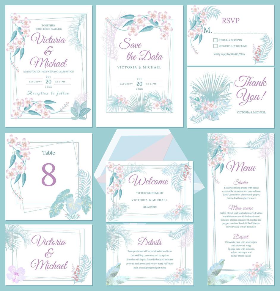 conception de cartes d'invitation de mariage, invitation florale, couleurs pastel douces vecteur