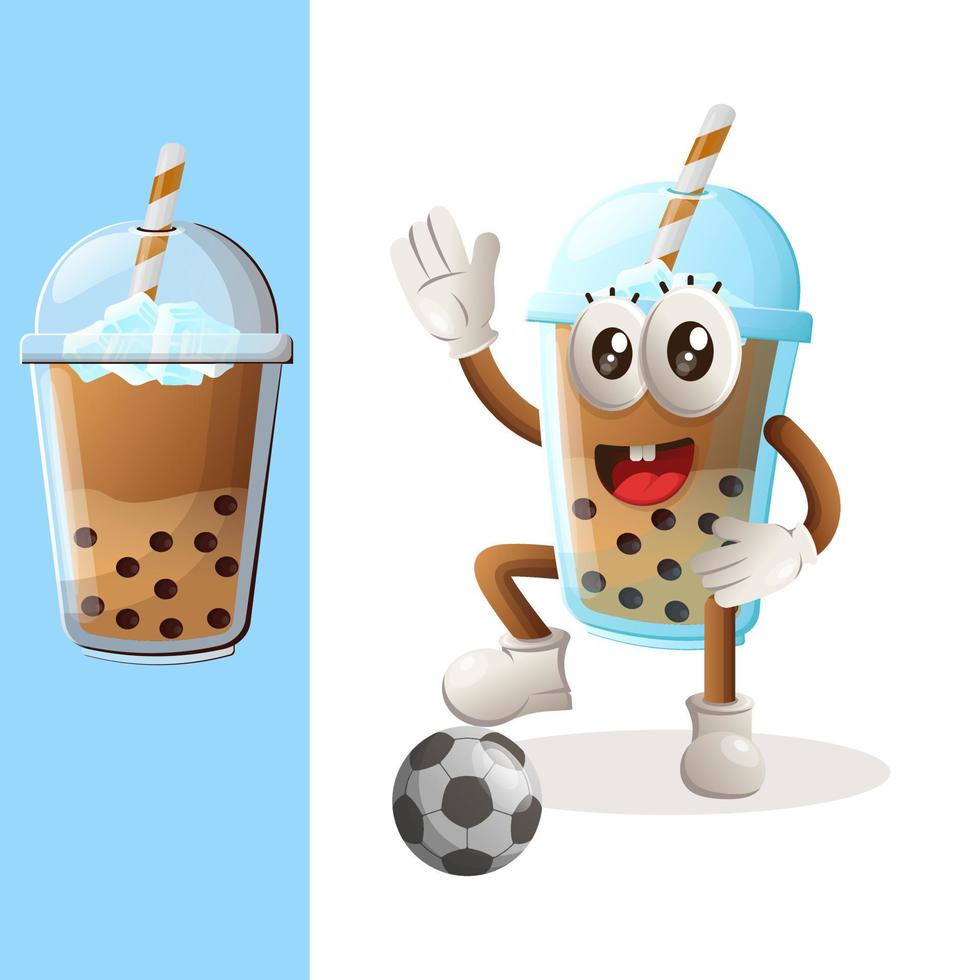adorable mascotte de thé à bulles jouant au football, ballon de football vecteur