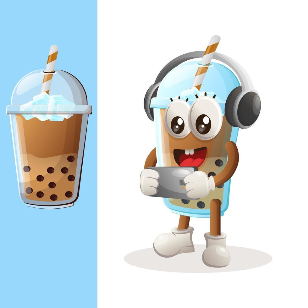 jolie mascotte de thé à bulles jouant au jeu mobile, portant des écouteurs vecteur