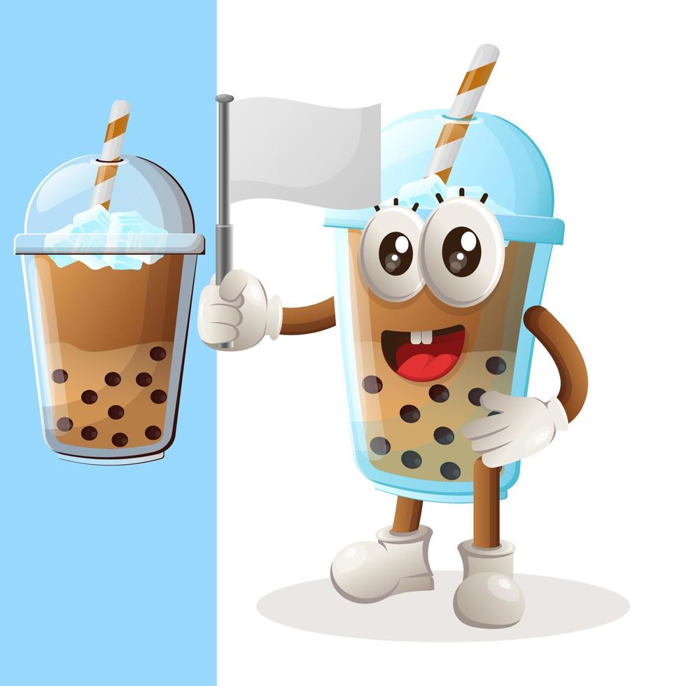 mignon, bubble tea, mascotte, agitant, blanc, vide, drapeau vecteur