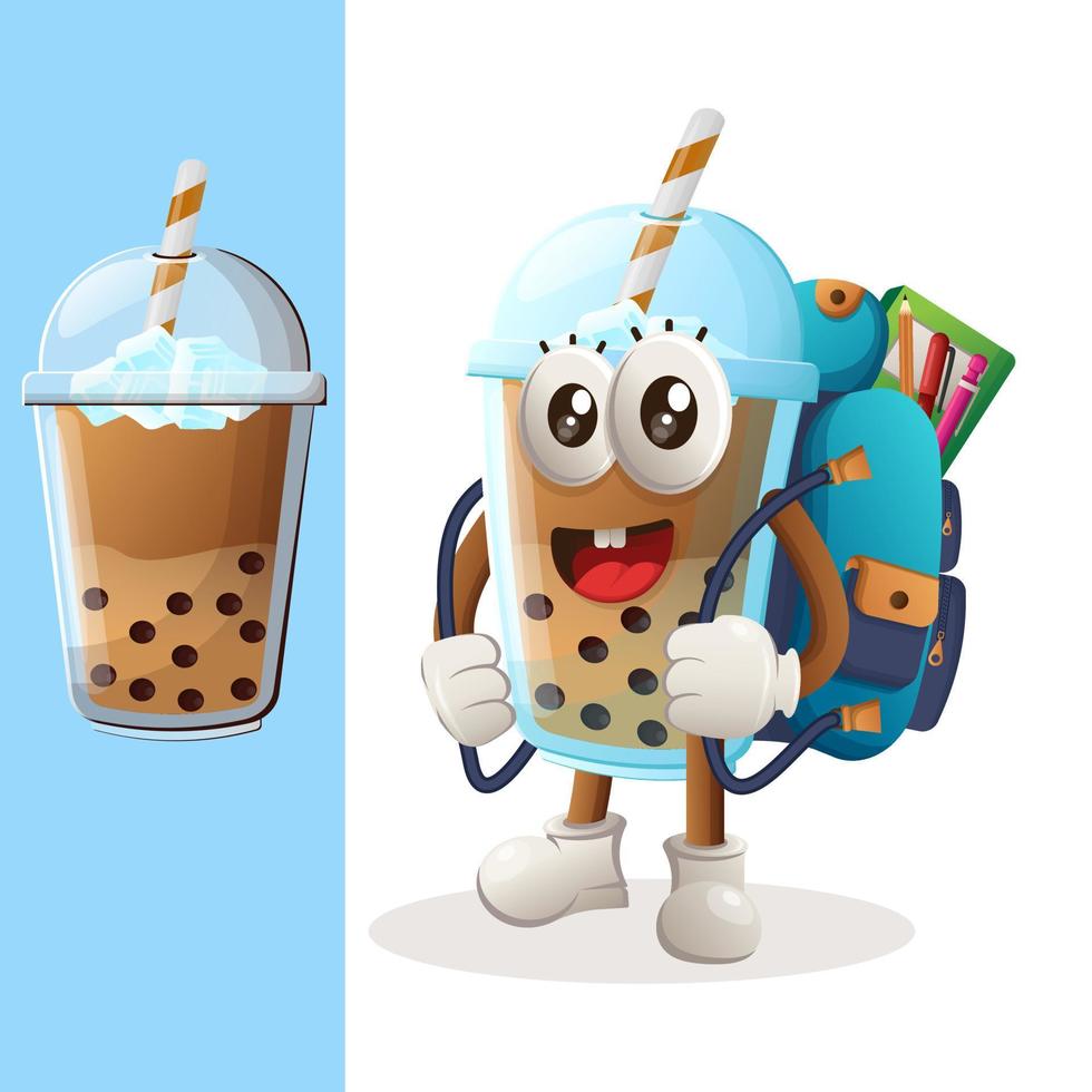 adorable mascotte de bubble tea portant un cartable, un sac à dos, la rentrée scolaire vecteur