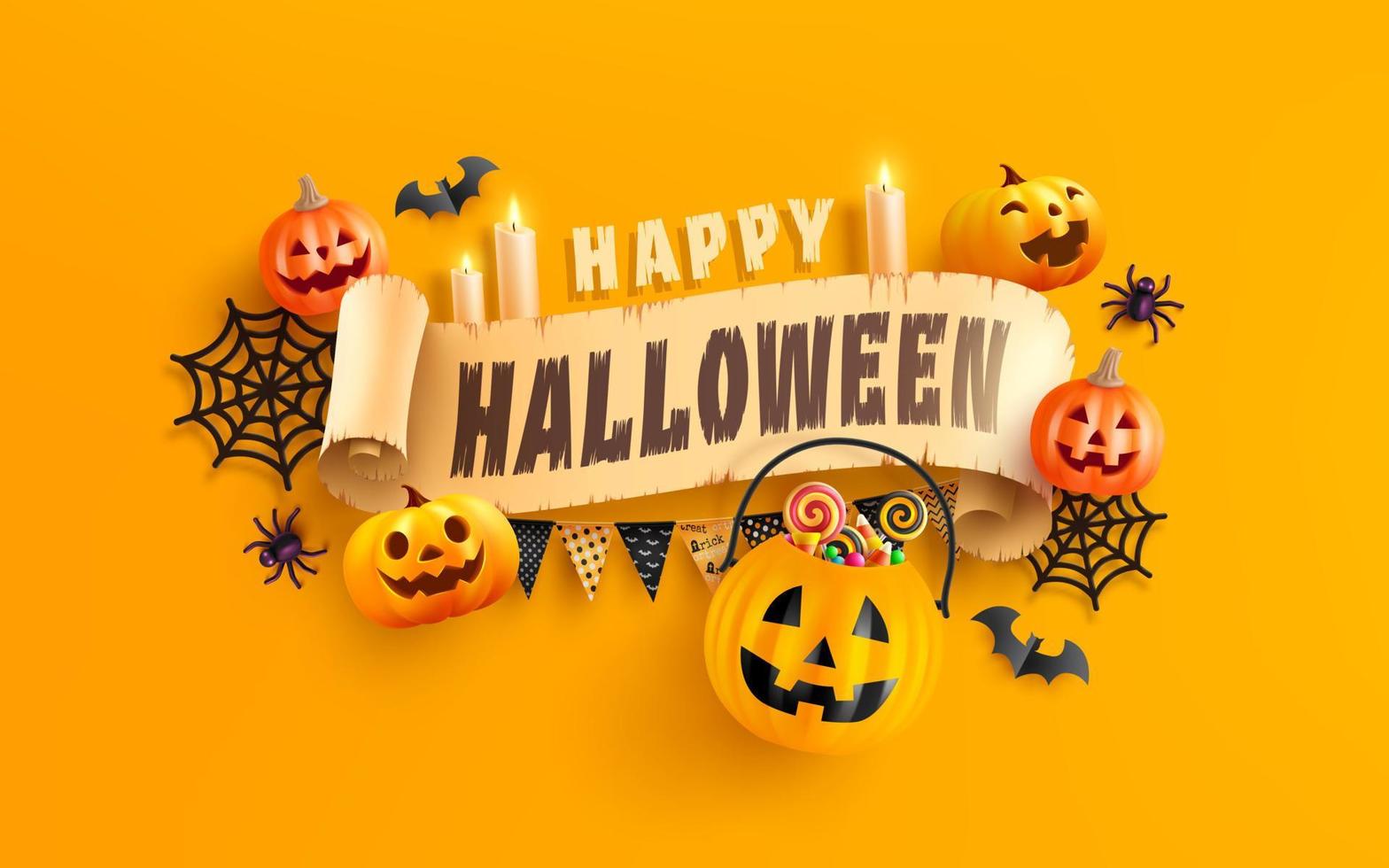 modèle de bannière joyeux halloween avec citrouille d'halloween et éléments d'halloween sur fond orange. site web fantasmagorique, arrière-plan ou bannière modèle halloween vecteur