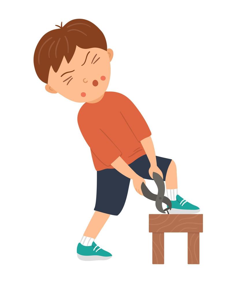 garçon de travail de vecteur. personnage plat drôle d'enfant sortant un clou du tabouret avec une pince. illustration de la leçon d'artisanat. concept d'un enfant apprenant à travailler avec des outils vecteur