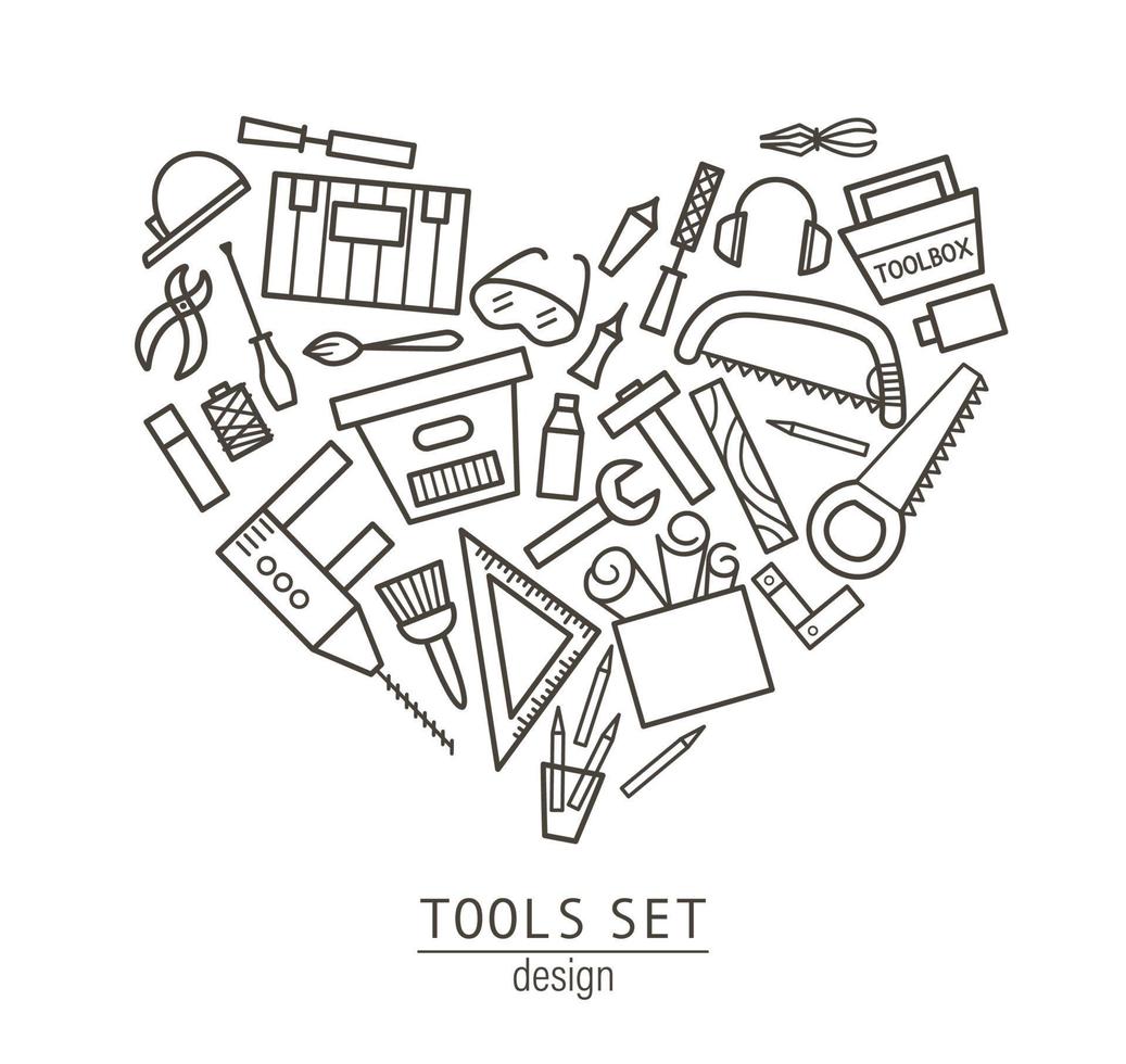 icônes d'outils vectoriels définies encadrées en forme de coeur. illustration plate linéaire en noir et blanc avec bâtiment, équipement de charpentier pour la conception de cartes, d'affiches ou de prospectus. menuiserie, service de réparation vecteur