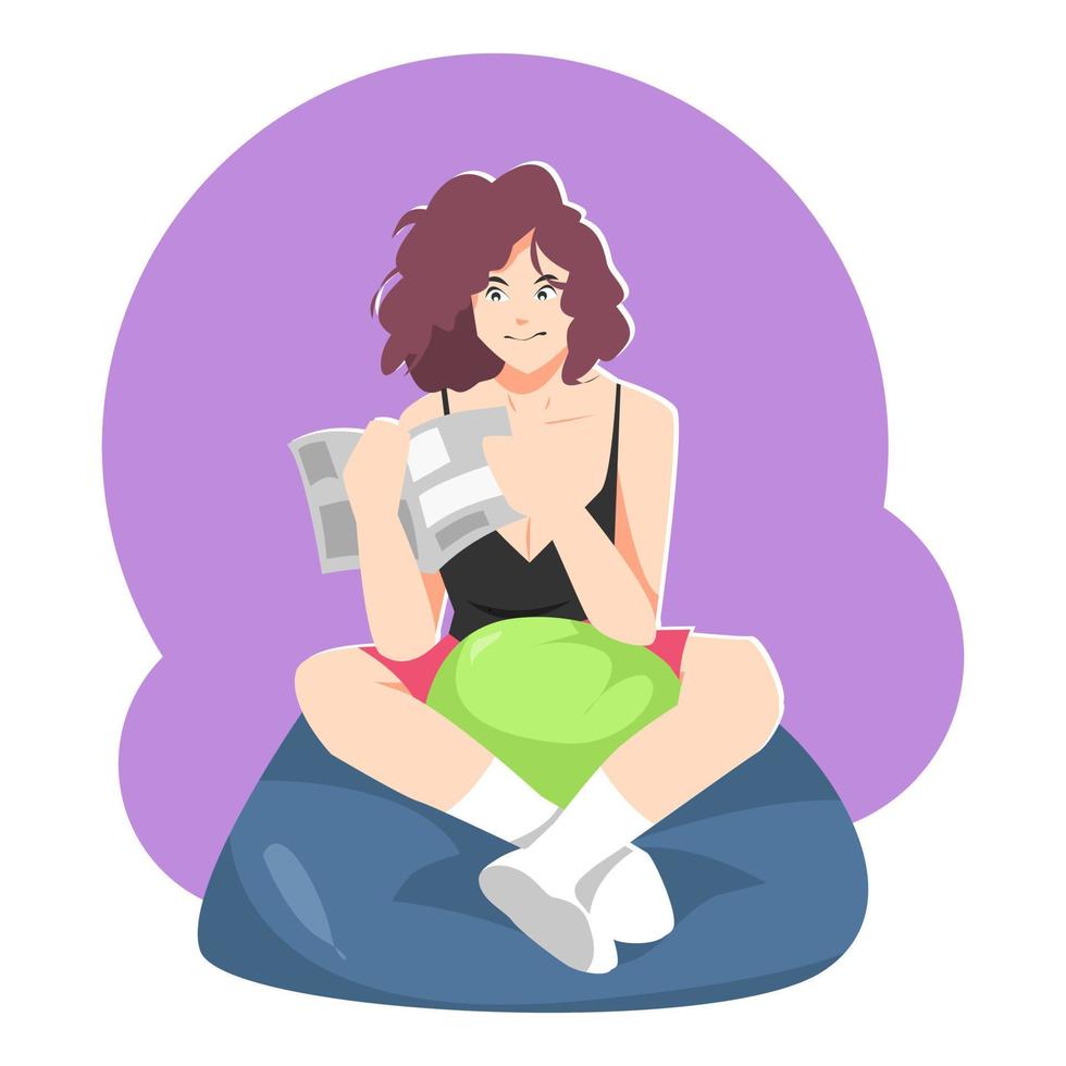 illustration d'une fille aux cheveux bouclés lisant un livre, un journal ou un magazine. Position assise. oreiller. le concept d'apprentissage, de loisirs, d'éducation, de travail, de maison. vecteur plat