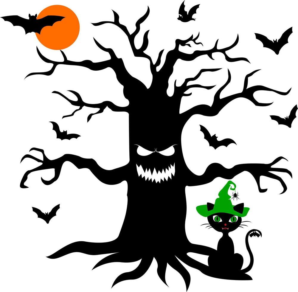grand arbre avec des yeux, une bouche. pleine lune et chauves-souris. chat. Halloween. silhouette noire. vecteur
