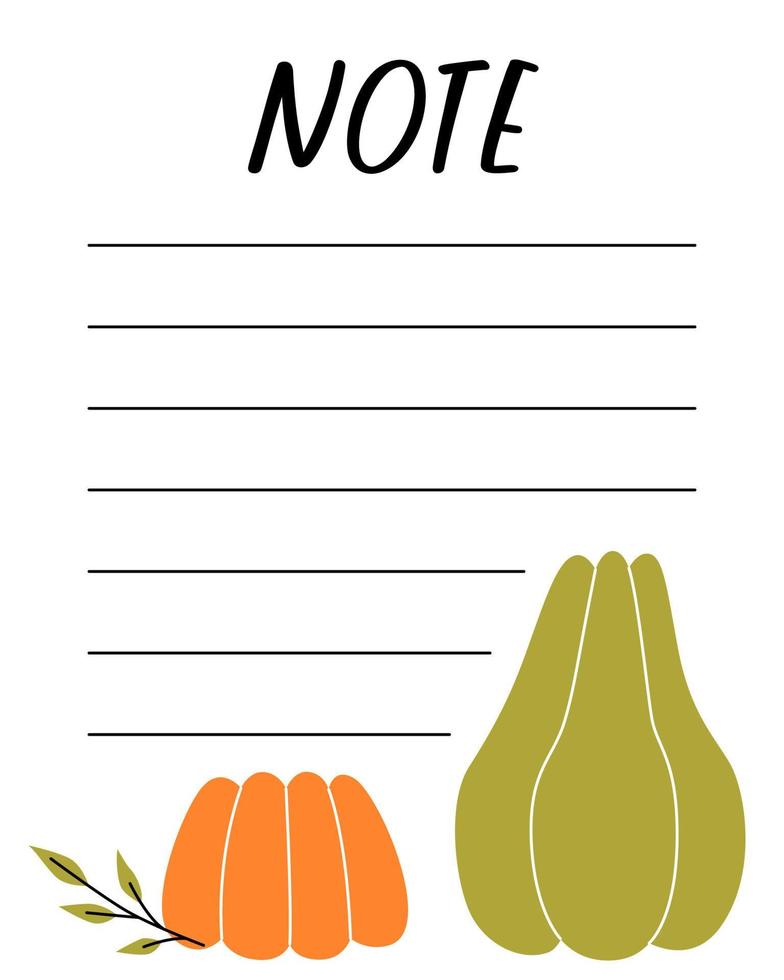 modèle de liste de notes. organisateur et calendrier avec place pour les notes. bon pour les enfants. illustration vectorielle dans la conception d'automne pour le planificateur. citrouille d'automne. mignon et tendance. vecteur