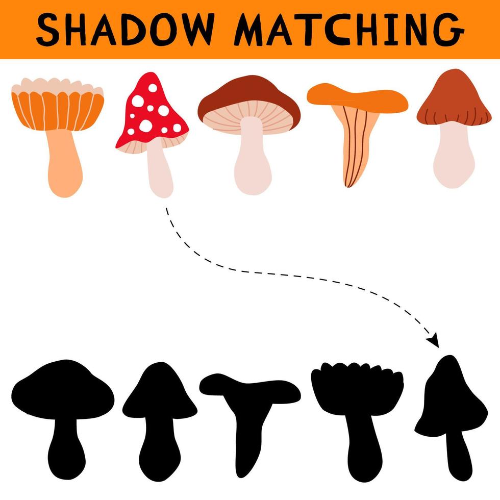 activité d'association d'ombre de champignons mignons pour les enfants. jeu éducatif simple pour les enfants avec des feuilles. trouver la bonne feuille de calcul imprimable de silhouette. illustration de dessin animé de vecteur. vecteur