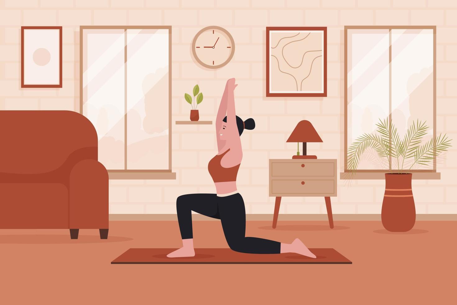 design plat de femme pratiquant le yoga dans le salon vecteur