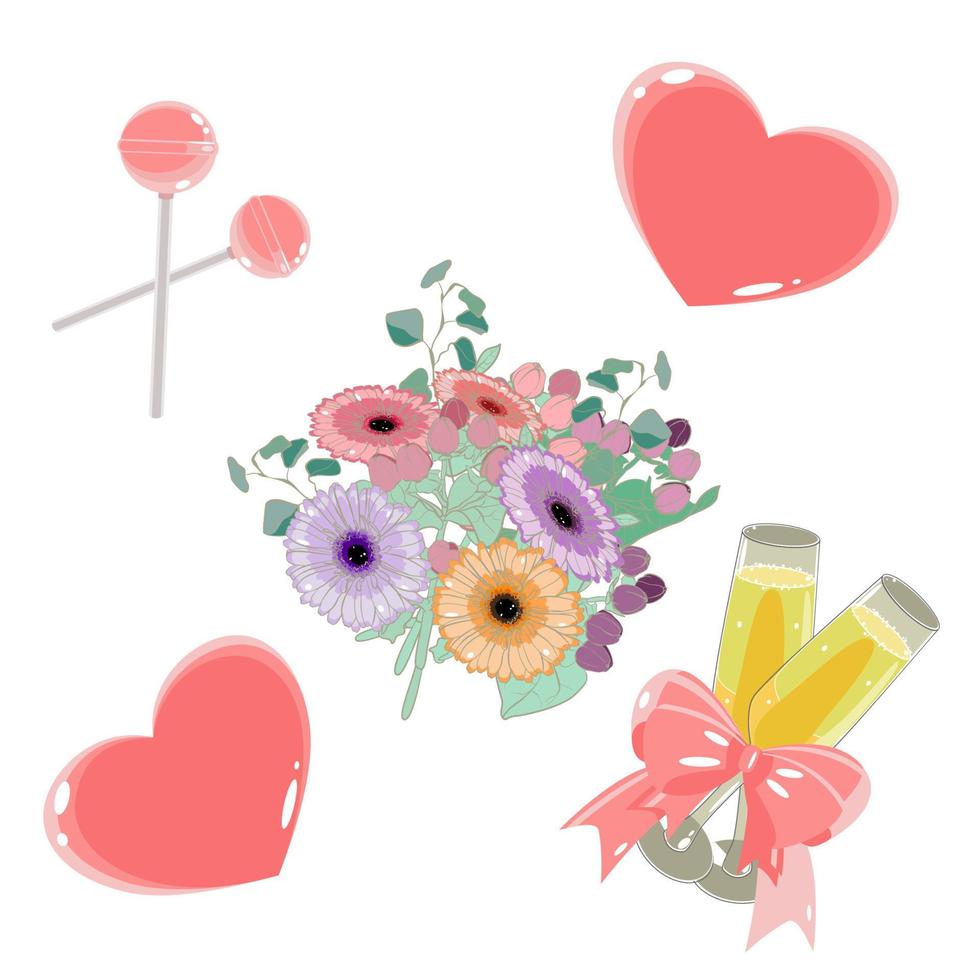 valentines set vector illustration avec bouquet de fleurs, sucettes, verres de champagne et coeurs