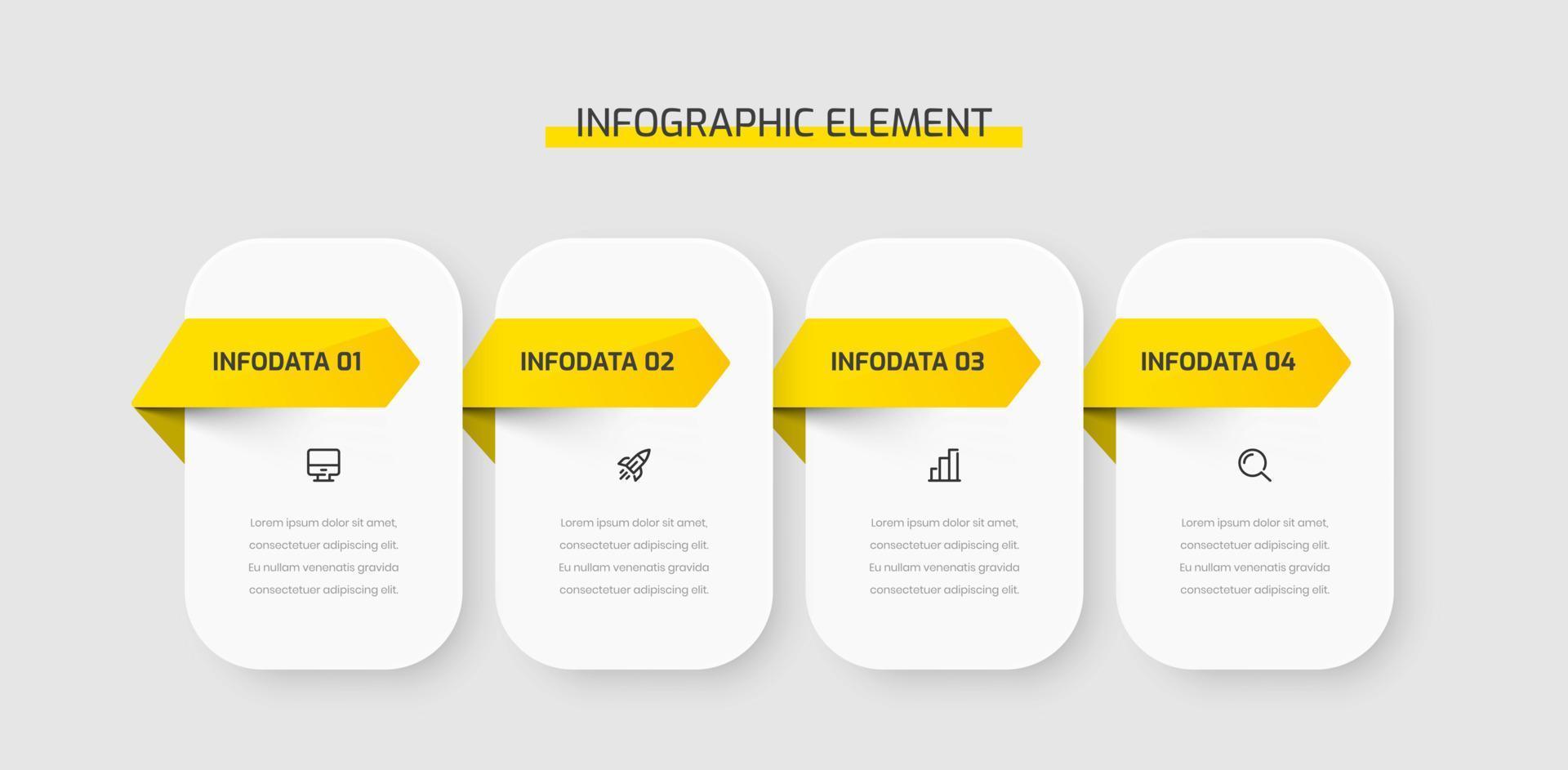 présentation du modèle d'infographie d'entreprise étiquette rectangle arrondie avec couleur jaune 4 options, flèche et icônes. adapté au diagramme de processus, aux présentations, à la mise en page du flux de travail, à la bannière, à l'organigramme vecteur