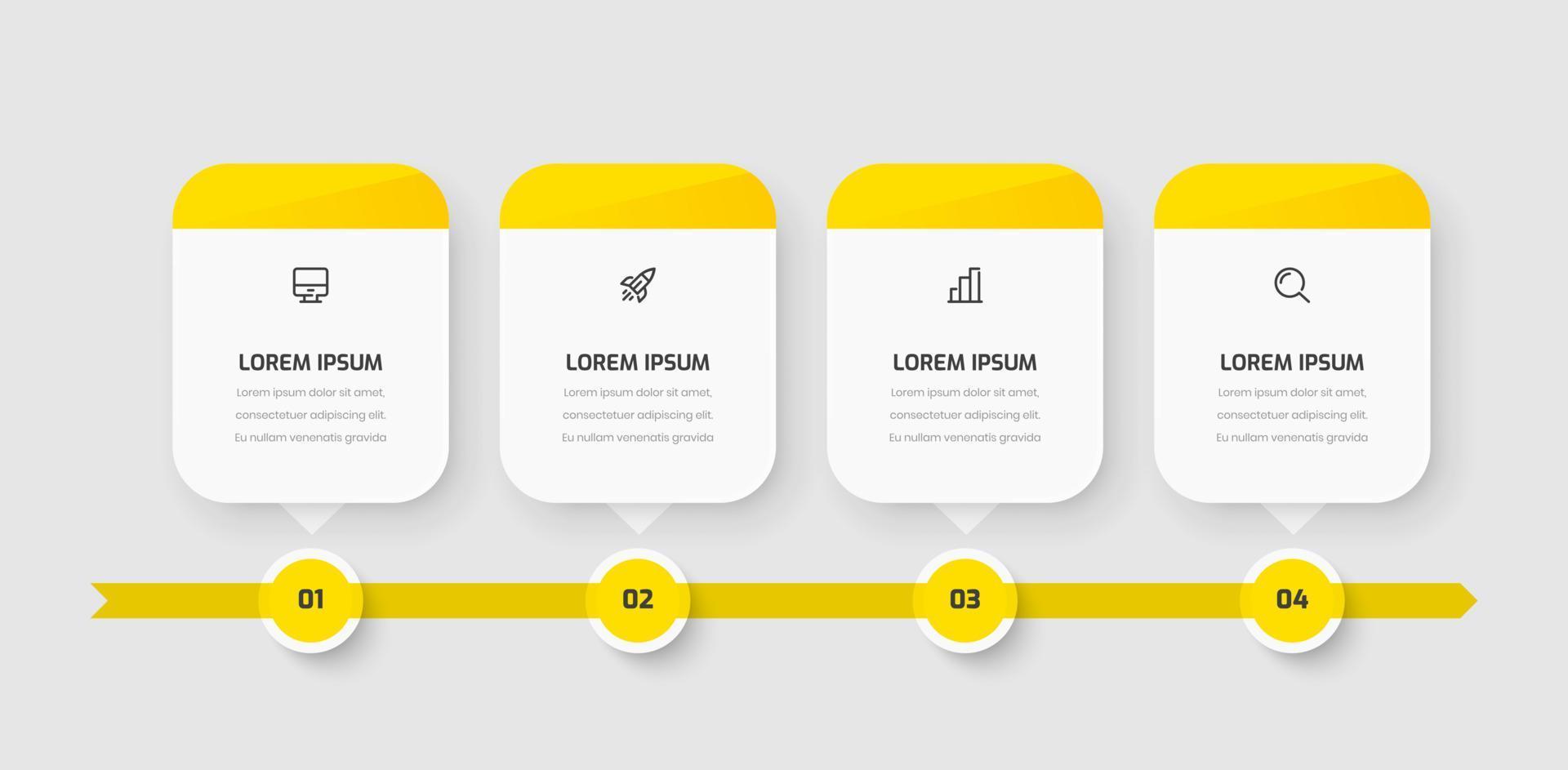 conception de modèle d'infographie de chronologie avec couleur jaune, rectangle arrondi, 4 chiffres et icônes. peut être utilisé pour le diagramme de processus, les présentations, la mise en page du flux de travail, la bannière, l'organigramme vecteur