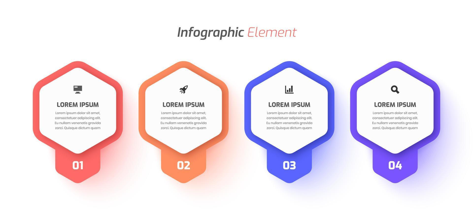 conception de modèle d'infographie d'entreprise minimale avec icône d'étiquette hexagonale et 4 chiffres. adapté au diagramme de processus, aux présentations, à la mise en page du flux de travail, à la bannière, à l'organigramme, à l'infographie. vecteur