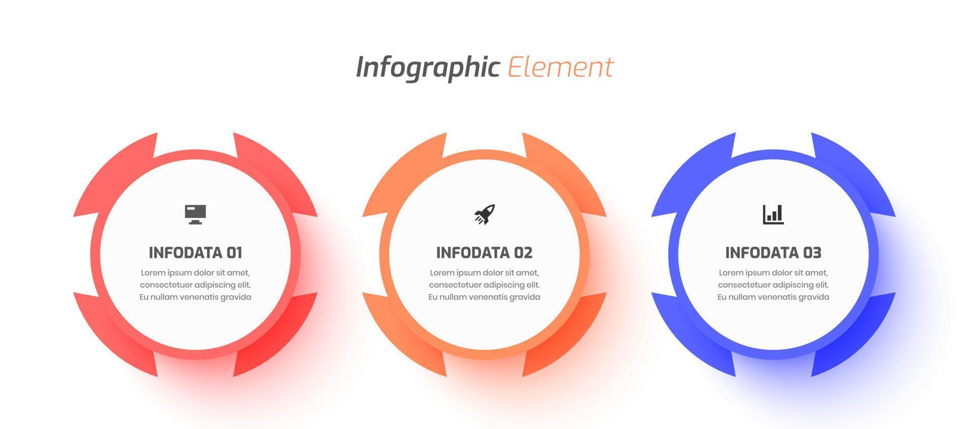 conception de modèle d'infographie d'entreprise minimale avec icône d'étiquette de cercle et 3 options. adapté au diagramme de processus, aux présentations, à la mise en page du flux de travail, à la bannière, à l'organigramme, à l'infographie. vecteur