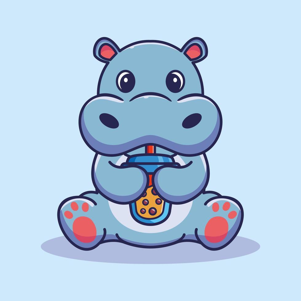 hippopotame mignon buvant icône de vecteur de dessin animé de lait boba