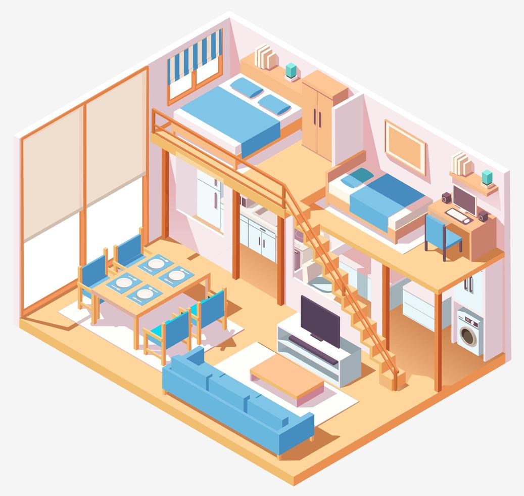 composition isométrique intérieure de maison à deux étages vecteur