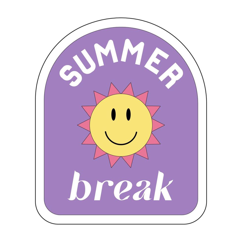 autocollant vintage avec sourire positif et phrase vacances d'été. élément coloré de vecteur dans le style des années 1990. objet rétro violet isolé sur fond blanc.