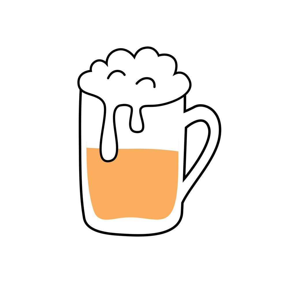 une chope de bière pleine avec de la mousse dans le style doodle. illustration vectorielle de couleur avec contour. parfait comme impression, logo ou étiquette vecteur