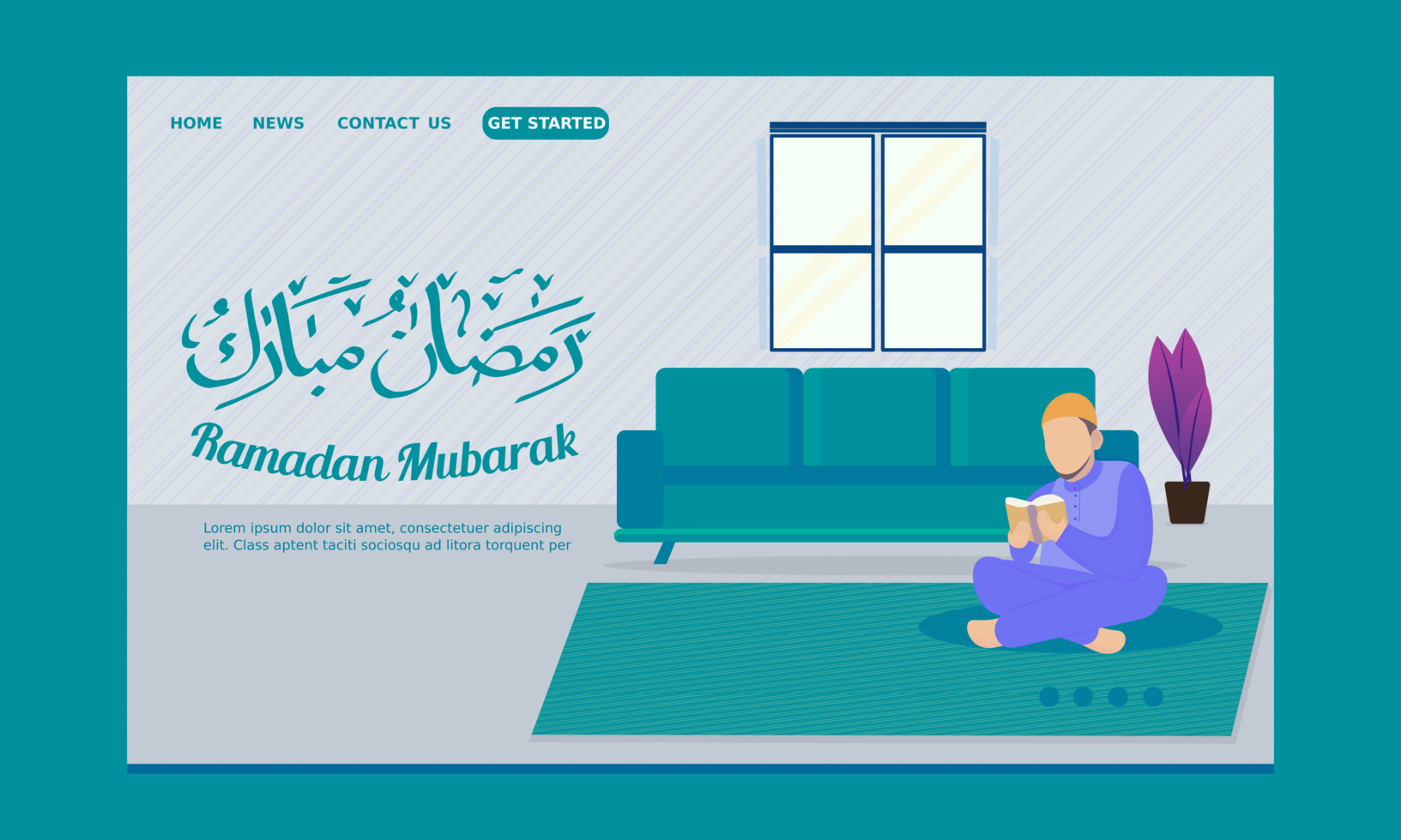 page de destination du ramadan homme assis devant un canapé avec coran vecteur