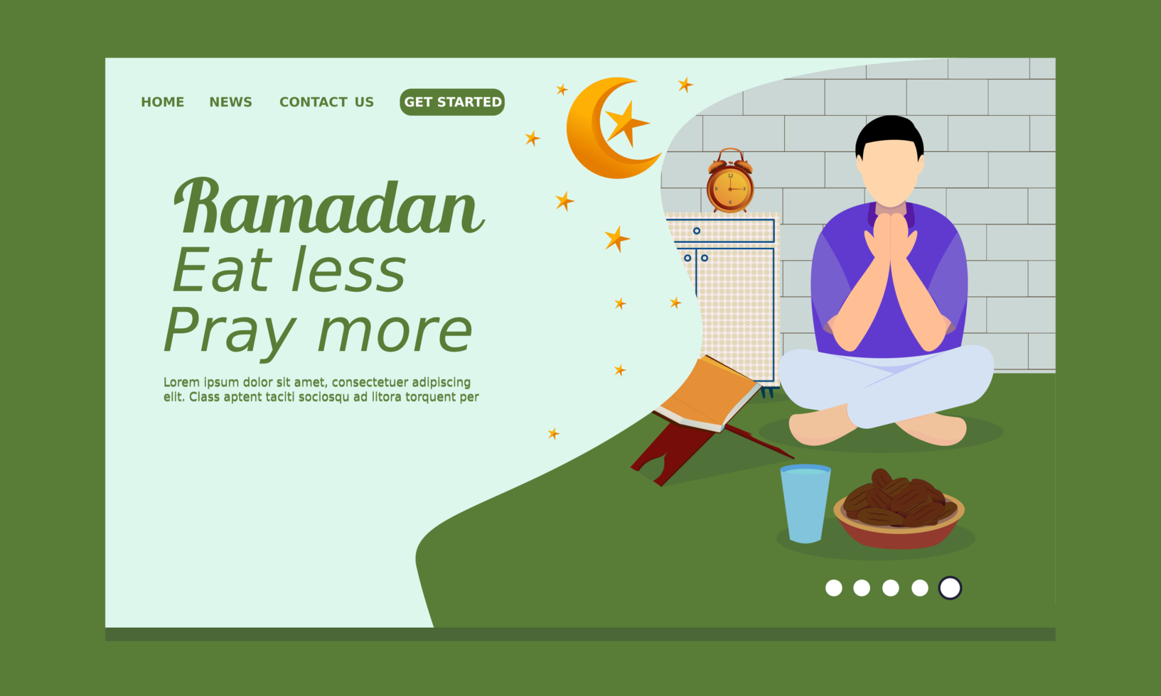 page de destination du ramadan avec un homme priant avant de rompre le jeûne vecteur