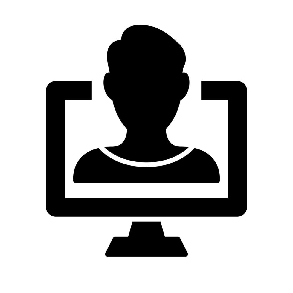icône de silhouette d'éducation en ligne. icône noire de formation en ligne. enseignement à distance, consultation, apprentissage en ligne et webinaire en ligne. pictogramme de l'enseignant et de l'écran de l'ordinateur. illustration vectorielle isolée. vecteur