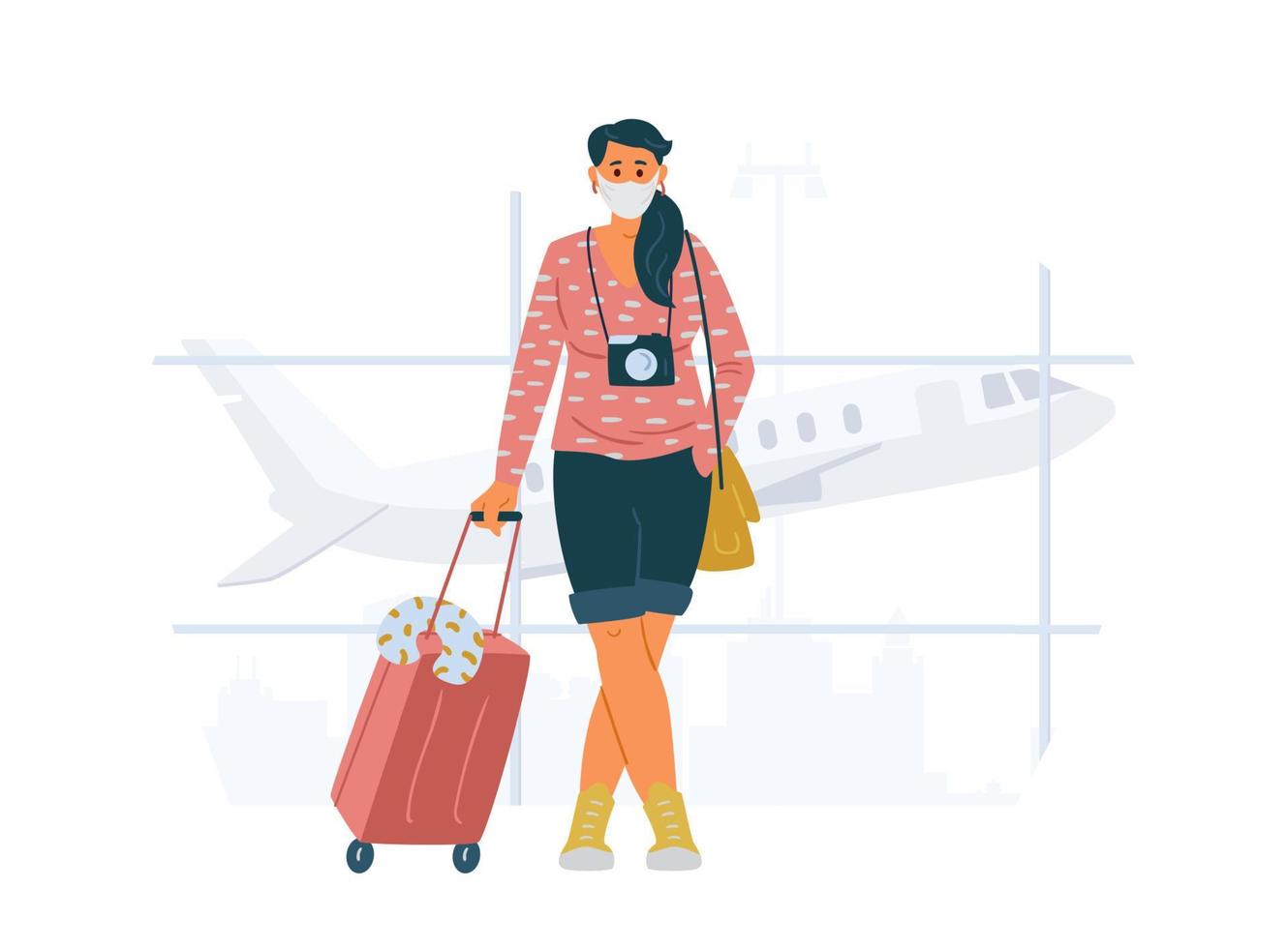 jeune femme portant un masque de protection avec valise et appareil photo debout à l'aéroport. voyager pendant le concept de pandémie. illustration vectorielle plane. vecteur