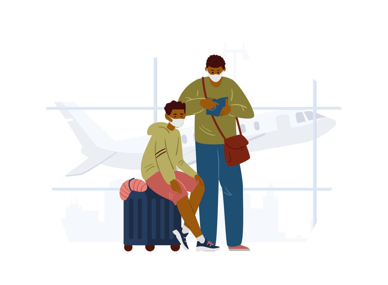 père et fils afro-américains portant des masques de protection attendant à l'aéroport. adolescent assis sur la valise. voyager pendant le concept de pandémie. illustration vectorielle plane. vecteur