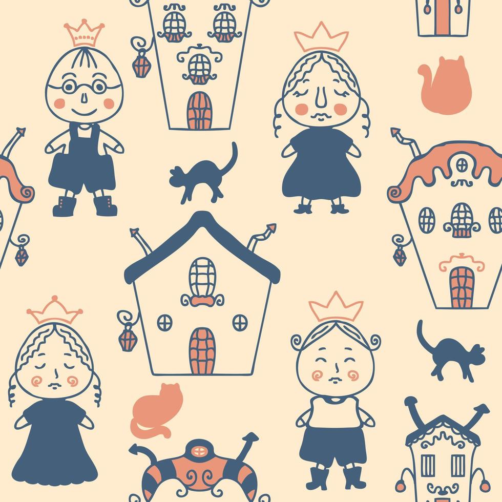 doodle motif sans couture avec princes, princesses et chats. vecteur