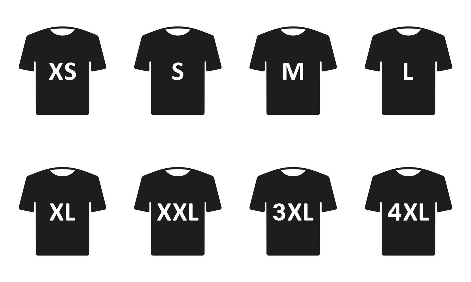 chemise homme ou femme. jeu d'icônes de silhouette de taille de t-shirt. étiquette de taille de vêtement ou étiquette pictogramme noir. taille du xs au 4xl. illustration vectorielle isolée. vecteur