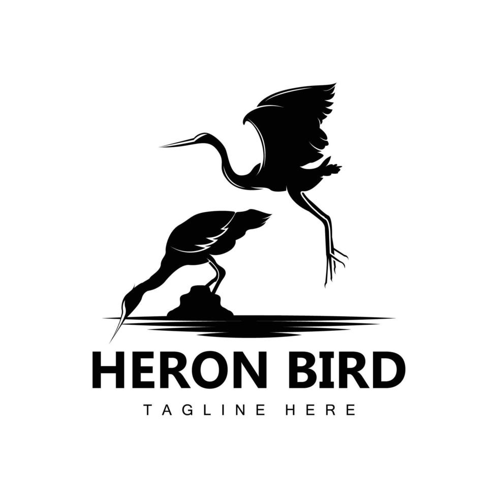 création de logo oiseau héron cigogne, oiseau héron volant sur le vecteur de la rivière, illustration de la marque du produit