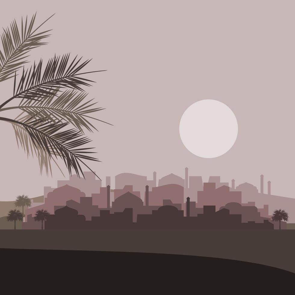 illustration vectorielle de silhouette sombre de la ville arabe modifiable avec des feuilles de palmier dattier et la pleine lune pour la conception de moments religieux islamiques tels que le ramadan et l'aïd avec panorama médiéval vecteur