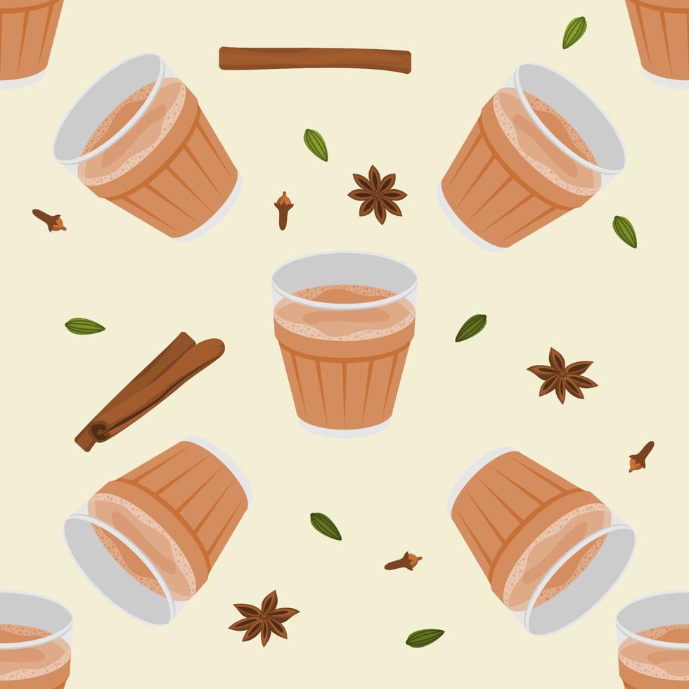 illustration vectorielle modifiable modèle sans couture de masala chai indien dans une tasse en verre avec des épices aux herbes assorties pour créer un arrière-plan de boissons avec la culture et la tradition sud-asiatiques vecteur