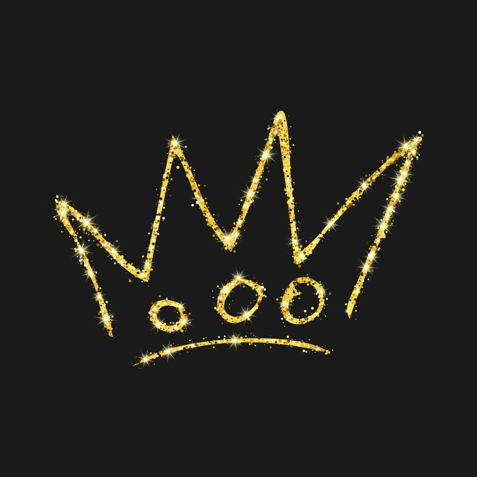couronne dessinée à la main de paillettes d'or. reine de croquis de graffiti simple ou couronne de roi. couronnement impérial royal et symbole monarque isolé sur fond sombre. illustration vectorielle vecteur