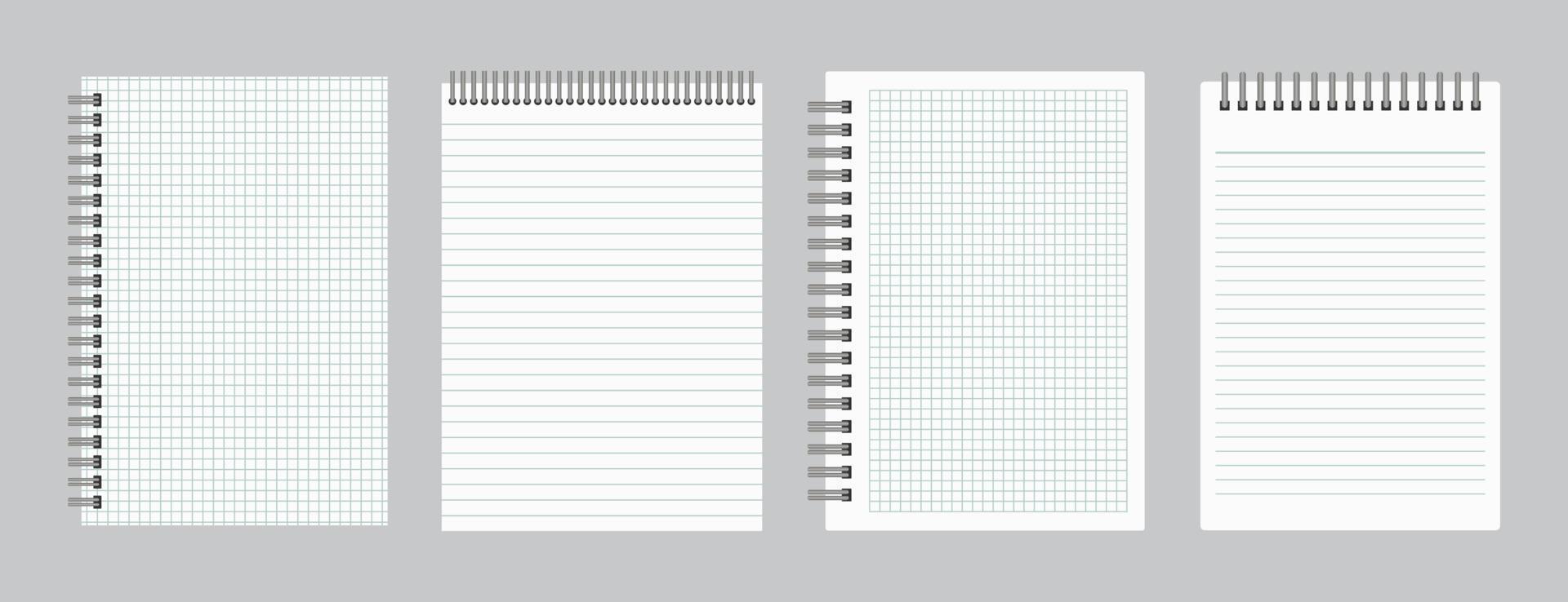 bloc-notes avec papier ligné et quadrillé vide avec reliure spirale de fer. ensemble de quatre feuilles de cahiers. illustration vectorielle vecteur