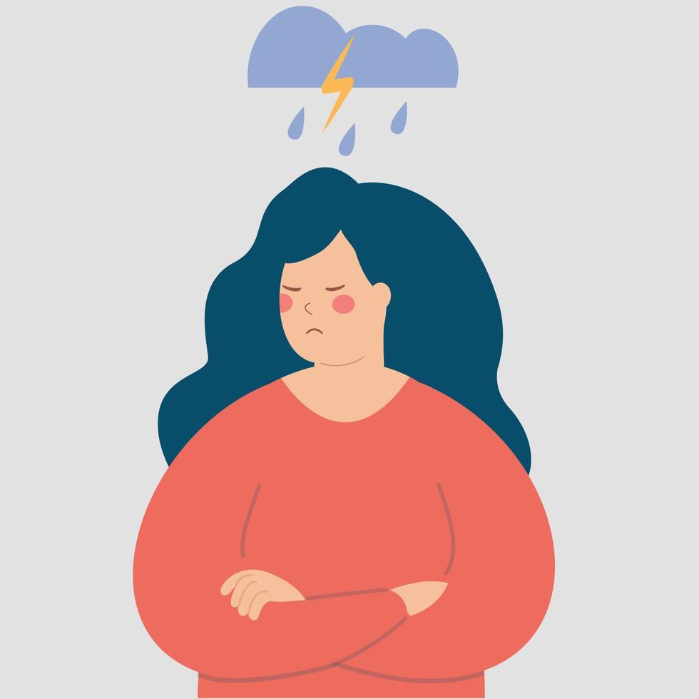 la femme bouleversée ressent la solitude, la dépression, le chagrin, le chagrin. une femme en colère souffre d'anxiété et de stress. concept de trouble de santé mentale ou de maladie. illustration d'un personnage avec des problèmes psychologiques vecteur