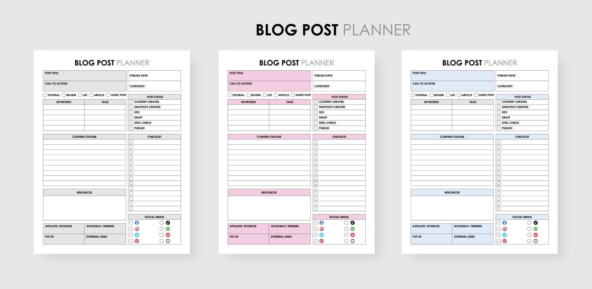 journal de bord du planificateur de publication de blog, carnet de notes de l'écrivain de blog sur les médias sociaux et suivi de la planification vecteur