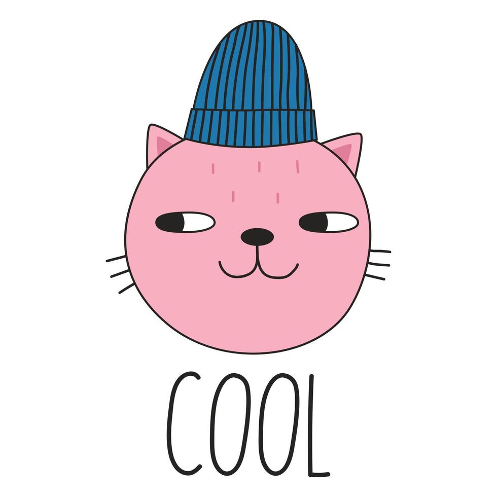 chat mignon dans un chapeau d'hiver et lettrage cool. style de griffonnage. illustration vectorielle vecteur