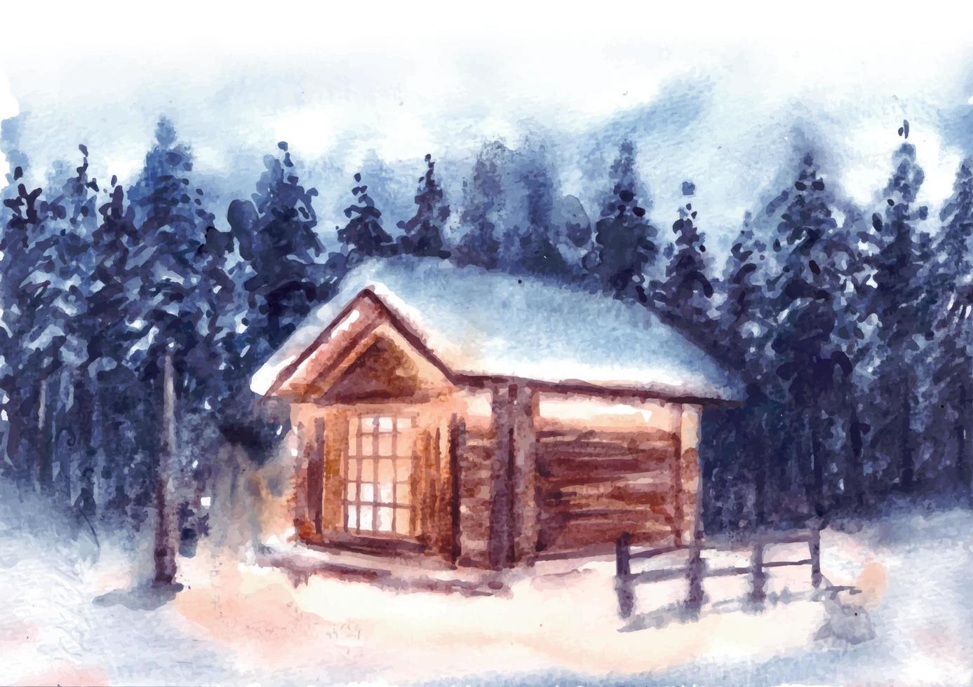 beau paysage d'hiver avec maison et pins aquarelle vecteur