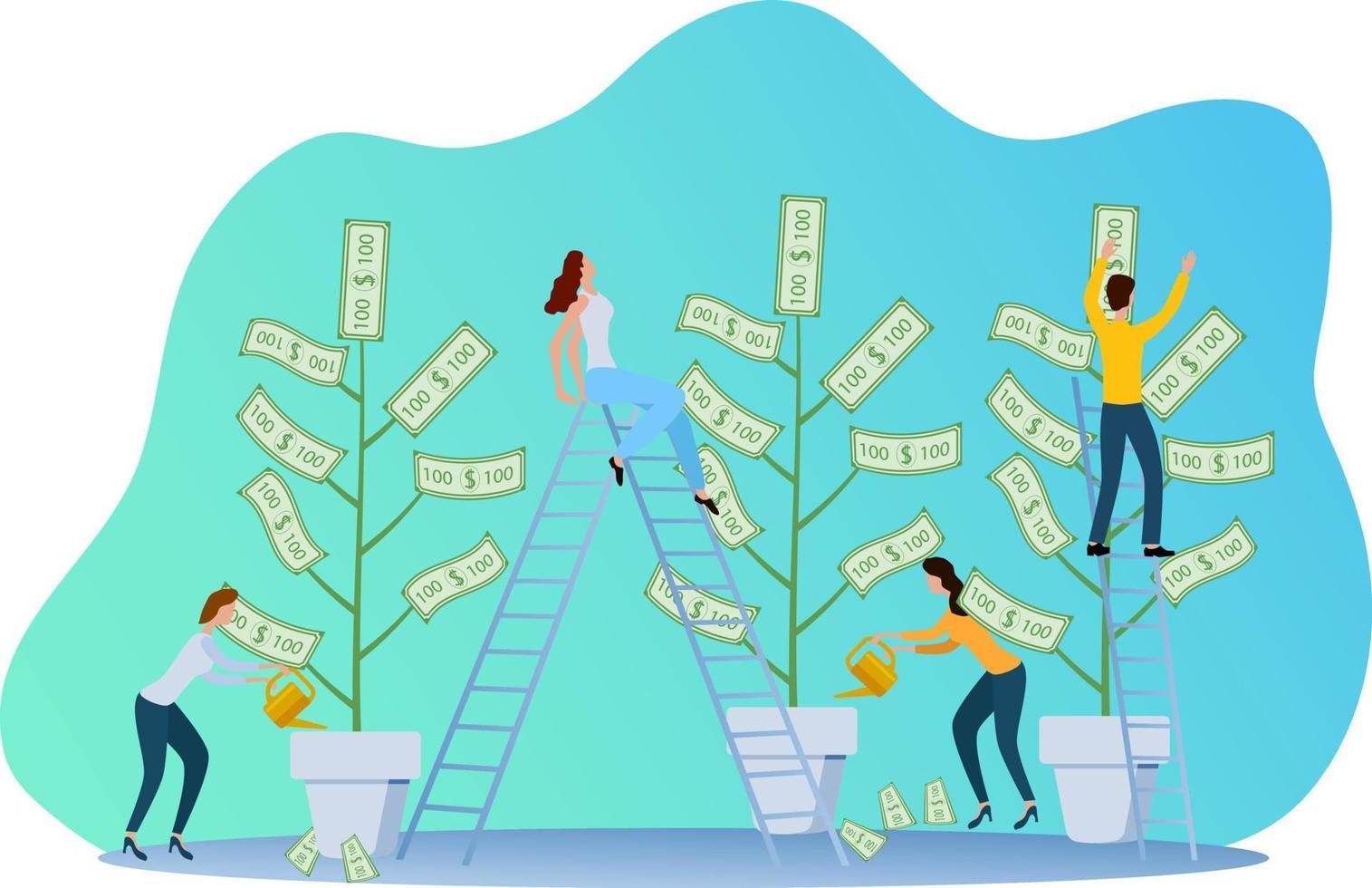 les gens et l'arbre d'argent. les hommes d'affaires investissent dans des projets commerciaux. illustration vectorielle plate. vecteur
