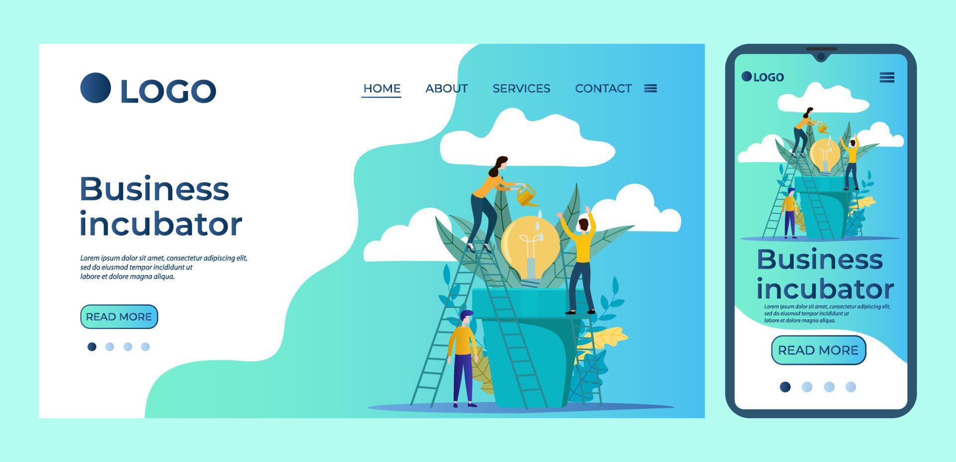 incubateur d'entreprise.modèle pour l'interface utilisateur de la page d'accueil du site Web.modèle de page d'accueil.la conception adaptative de l'illustration vectorielle du smartphone. vecteur